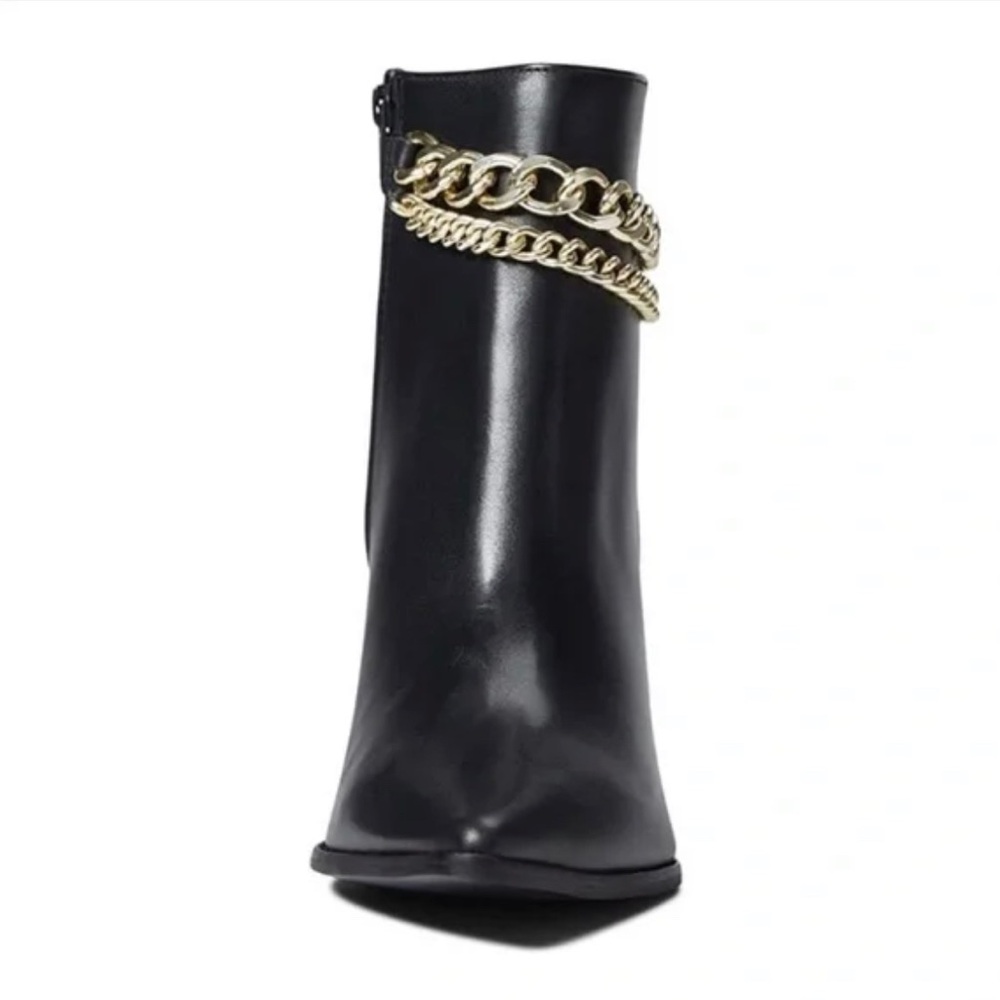 NWOT Steve Madden Perlina Black Gold Chain Detail Heeled Pointed Toe Boo… - Picture 4 of 8
